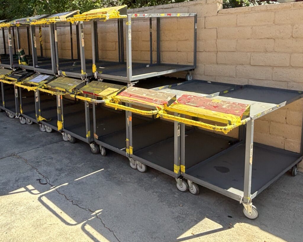 Industrial utility carts holding stock, seen from the end